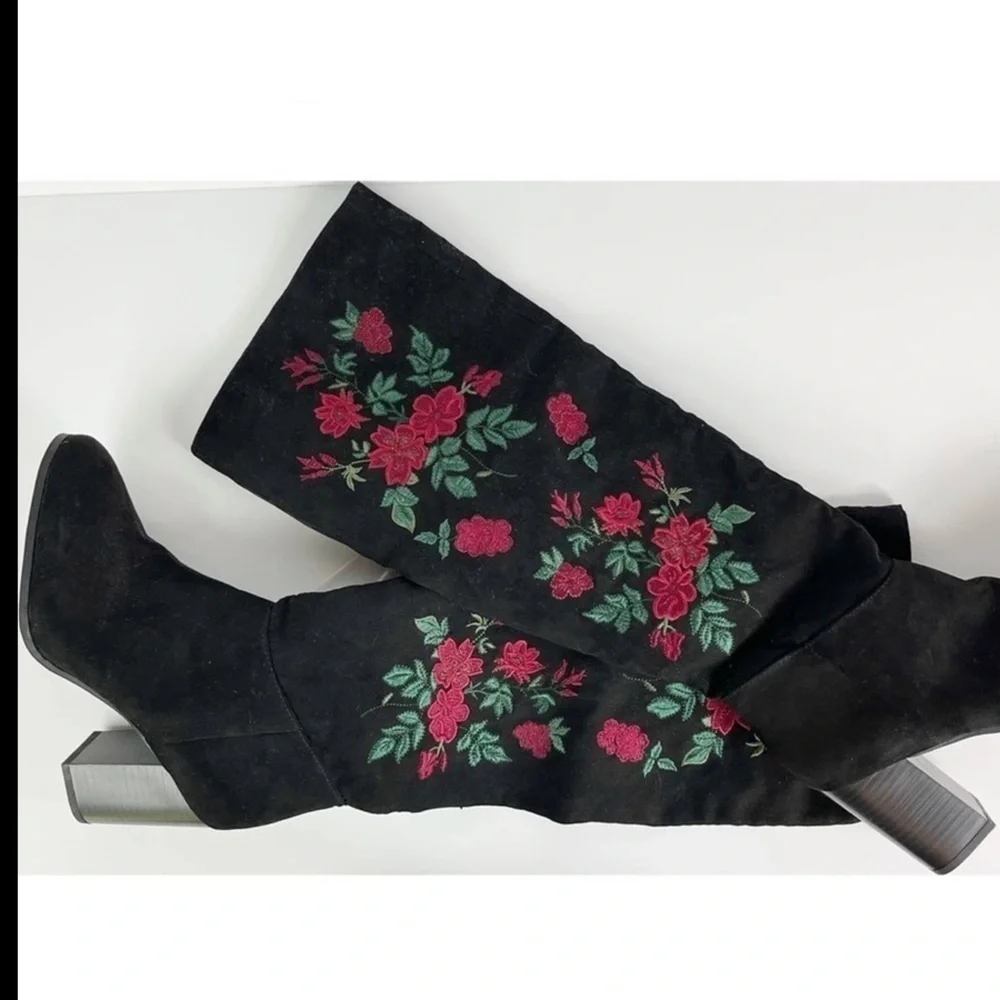 Libby Edelman Thigh High Boots Black w/ Red Floral Embroidery Design Size 8.5